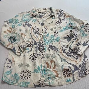 Hot Cotton Women’s Linen Floral Paisley Button Up Shirt Size Large